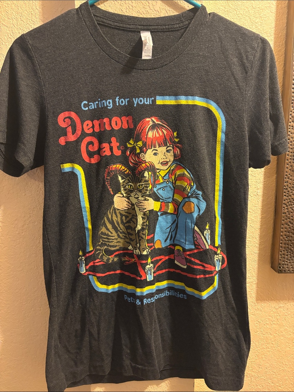 Steven Rhodes Retro Demon Cat Pentagram Graphic T-Shirt - Size S